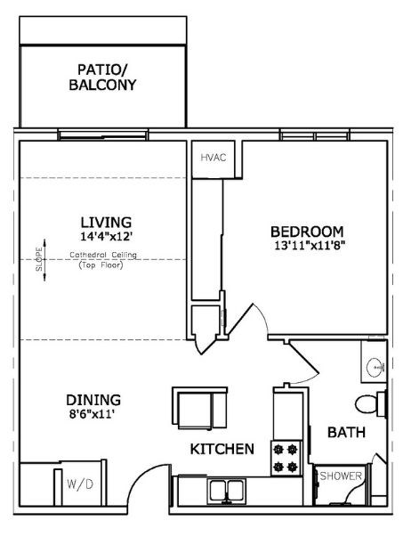 Floor plan for 1 bed, 1 bath, 693 sqft